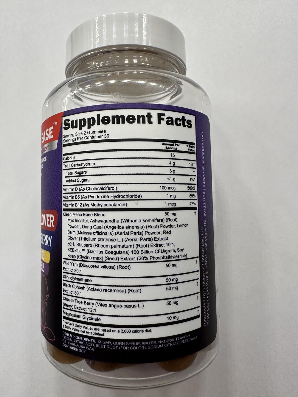 Clean Nutraceuticals Meno Ease Gummies with red clover for hormonal balance support.
