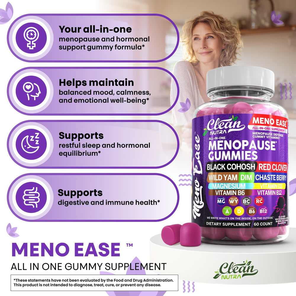 Clean Nutraceuticals Meno Ease Gummies with vitamin B12 for vitality support.