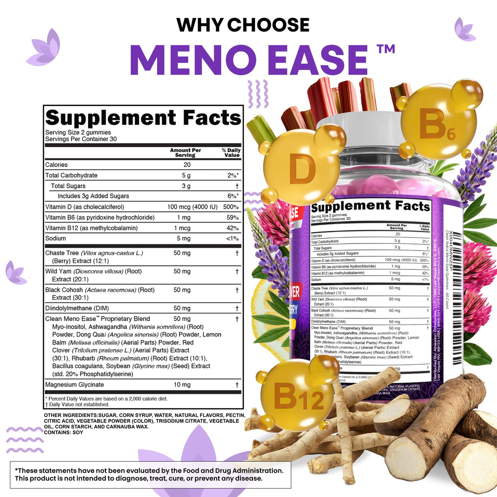 Clean Nutraceuticals Meno Ease Gummies with vitamin B6 for energy and mood.