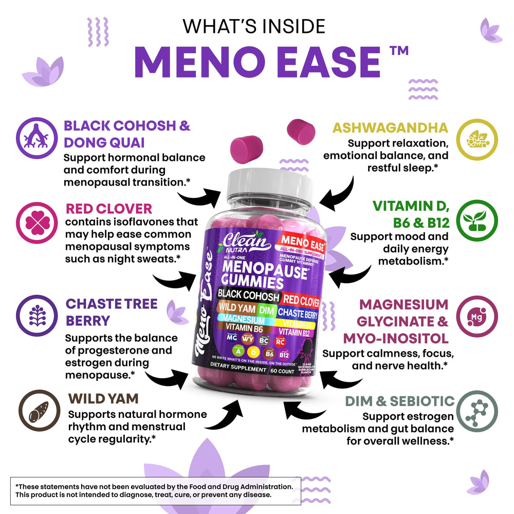 Clean Nutraceuticals Meno Ease Gummies with vitamin D3 for daily wellness support.