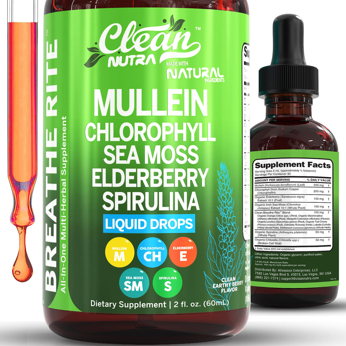 Clean Nutraceuticals Mullein Drops bottle with clear label for respiratory support