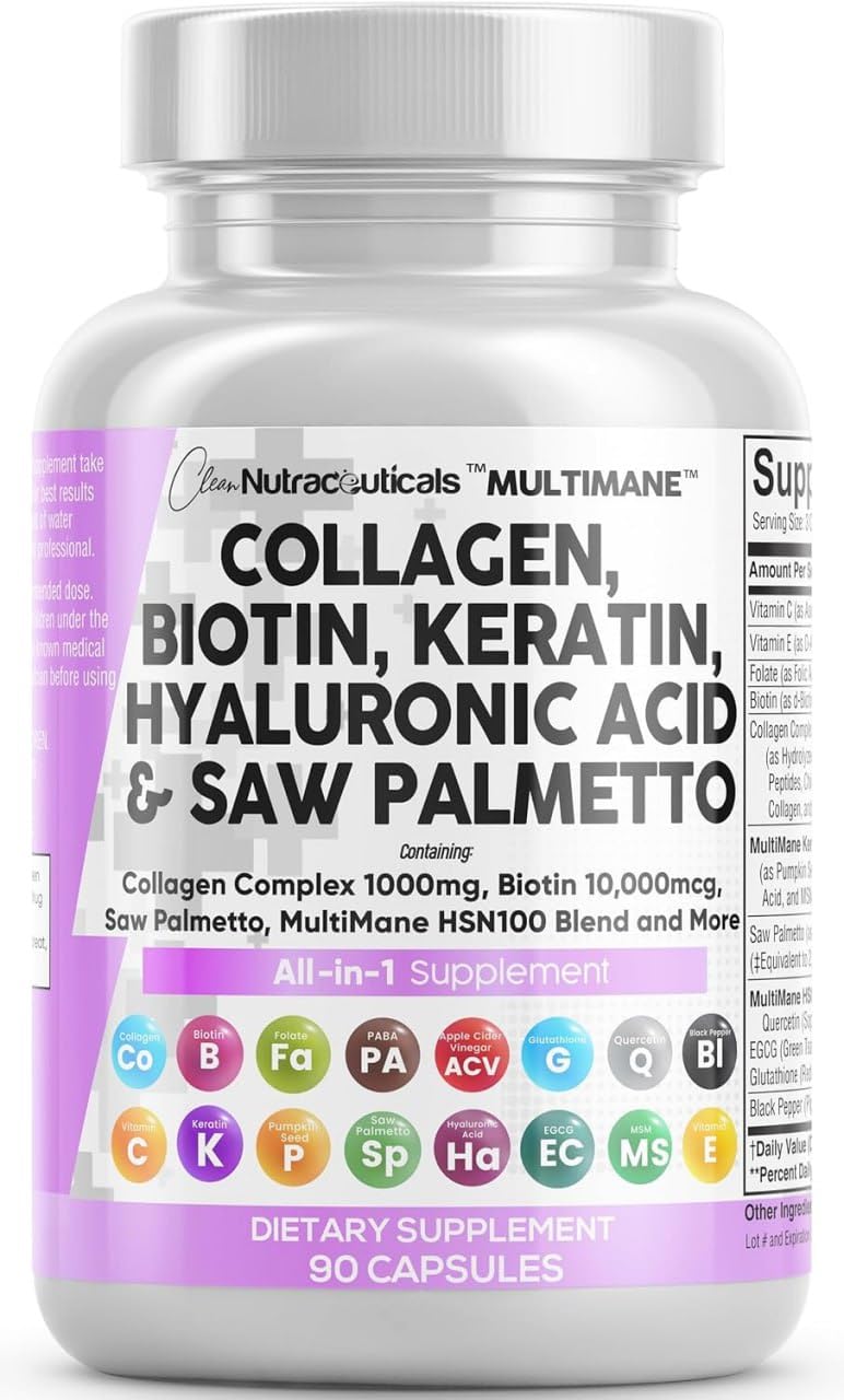 Clean Nutraceuticals MultiMane collagen pills bottle on display, highlighting a 90-count supply for comprehensive care.