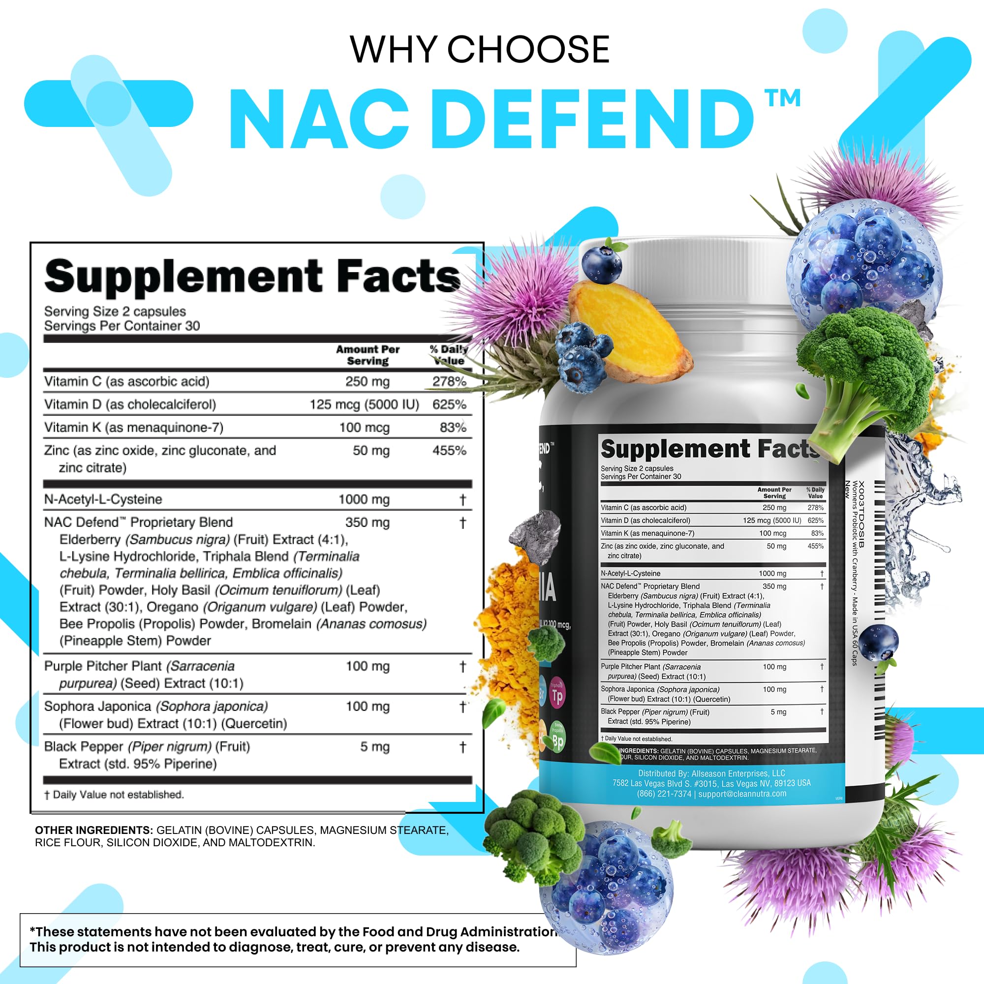 Clean Nutraceuticals NAC Defend bottle with extensive ingredients list communicates a comprehensive blend