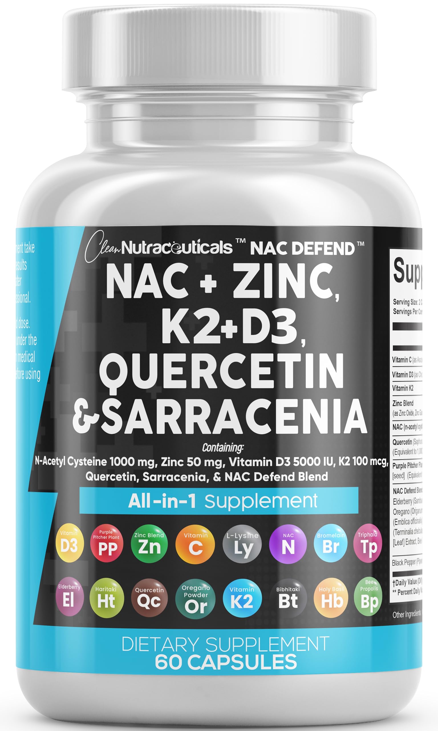 Clean Nutraceuticals NAC Defend bottle pour shows a convenient two-capsule daily serving