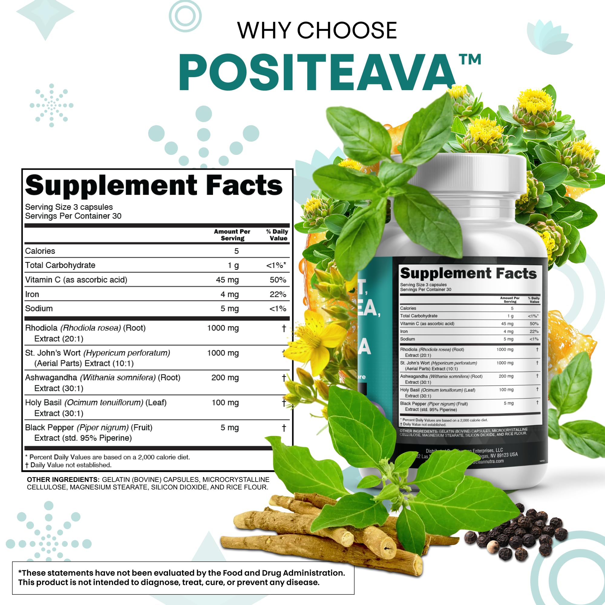 Clean Nutraceuticals Positeava Ashwagandha capsules illustrate calm focus.