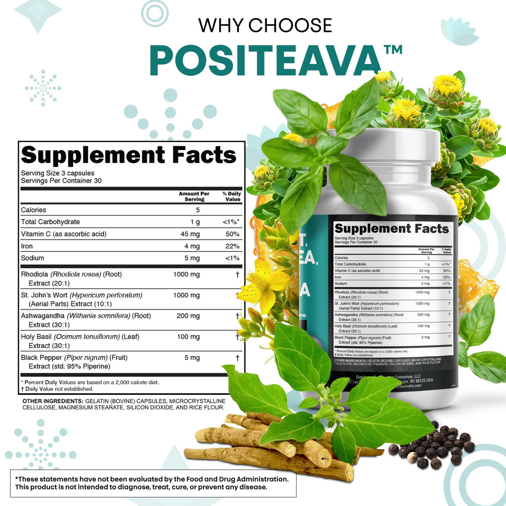 Clean Nutraceuticals Positeava Ashwagandha capsules illustrate calm focus.