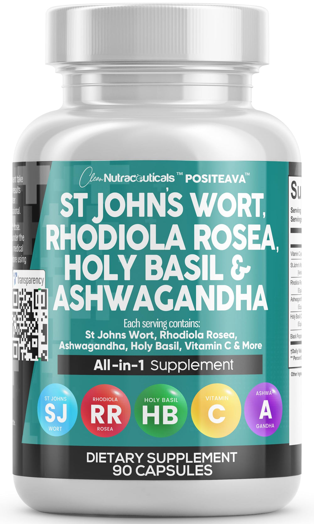 Clean Nutraceuticals Positeava mood-support bottle promotes daily balance.
