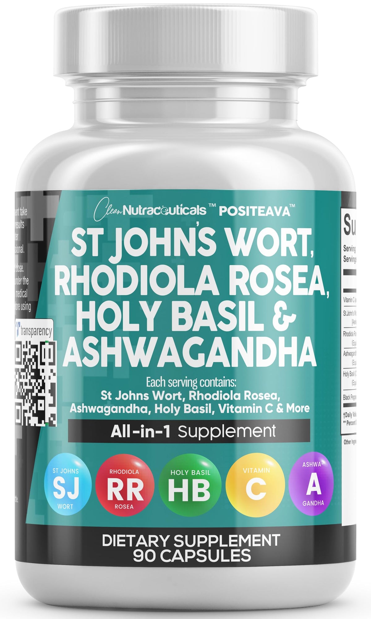 Clean Nutraceuticals Positeava mood-support bottle promotes daily balance.