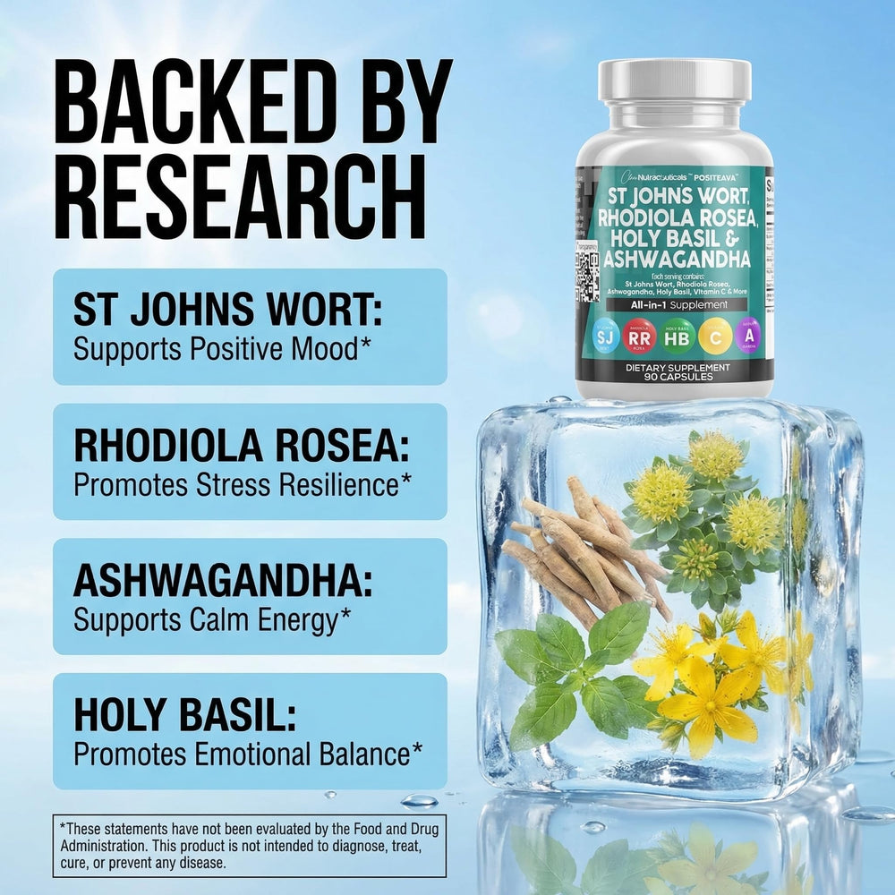 Clean Nutraceuticals Positeava St John's Wort blend highlights herbal mood support.