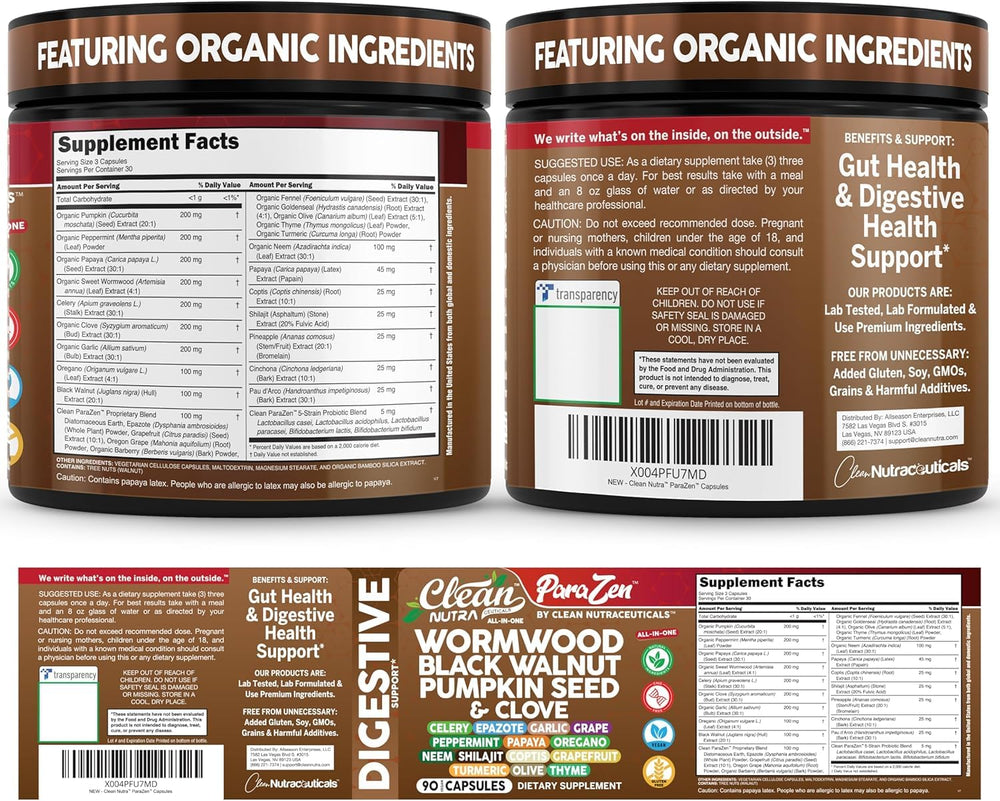 Clean Nutraceuticals probiotic capsules bottle indicates gut-friendly strains and prebiotics.