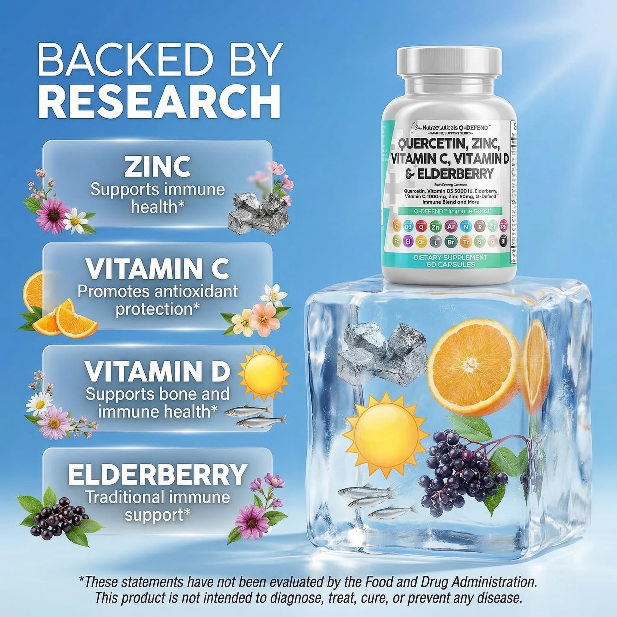 Clean Nutraceuticals Q Defend front label – comprehensive immune support blend.