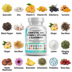 Clean Nutraceuticals Q Defend ingredients blend – quercetin, elderberry, turmeric for balance.