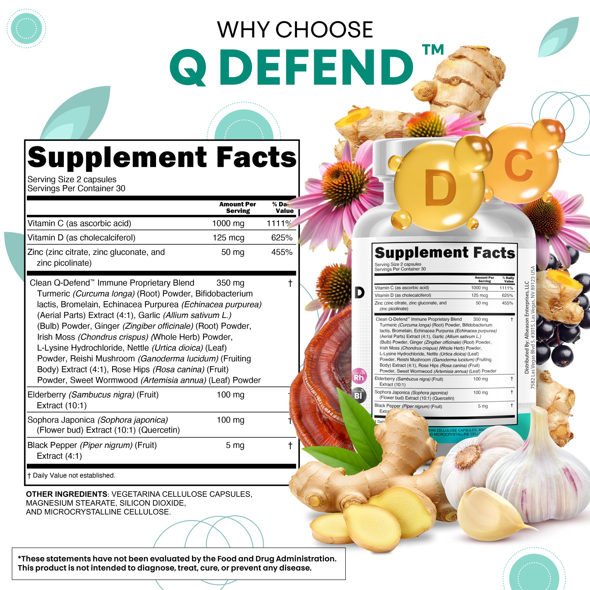 Clean Nutraceuticals Q Defend packaging – convenient daily wellness in a single bottle.