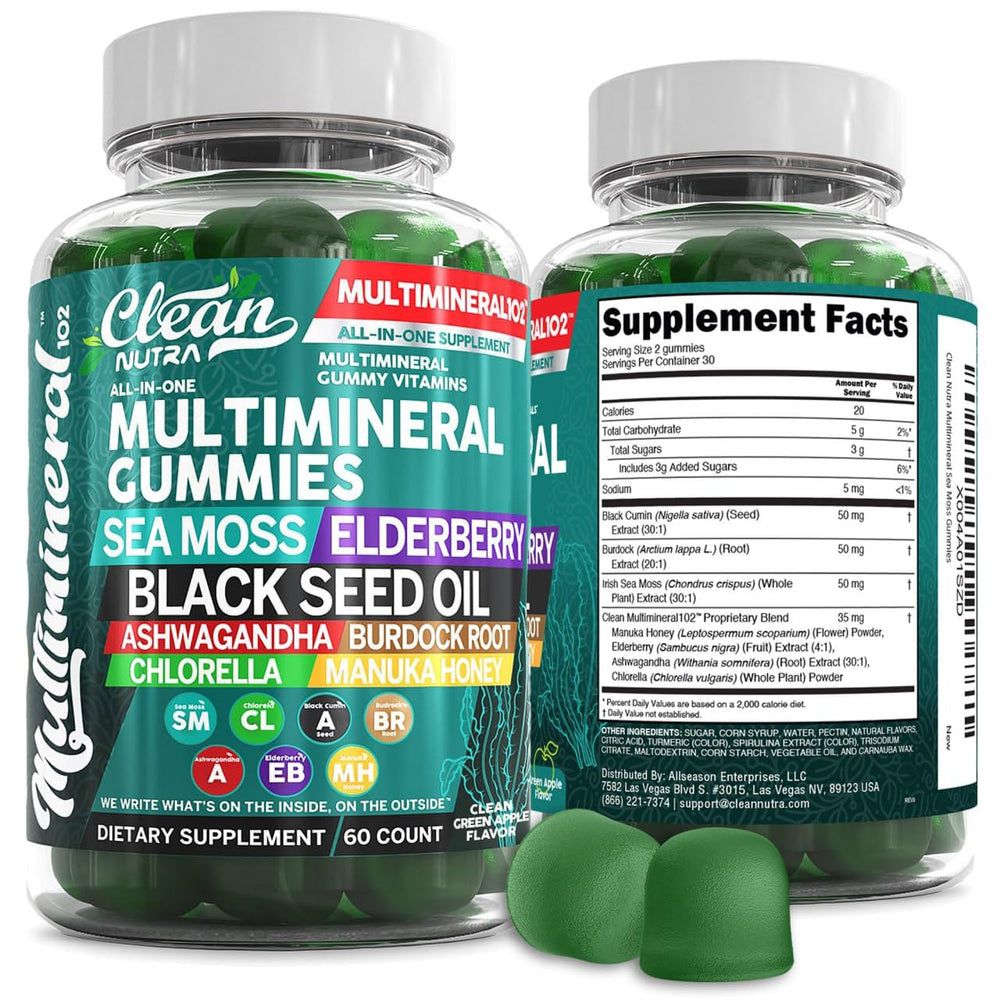 Clean Nutraceuticals Sea Moss Gummies bottle displaying green apple flavor for everyday wellness.