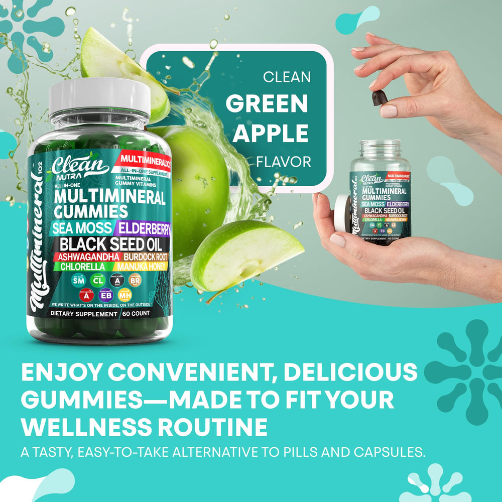 Chlorella and burdock root visuals hint at botanical nutrients.
