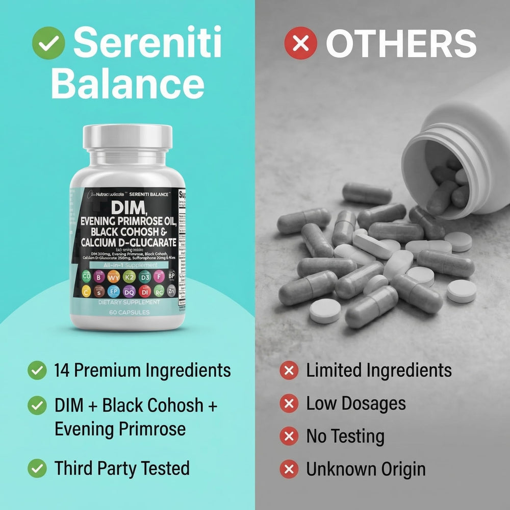 Black cohosh powder and herbal blend visible in Serenti Balance formula