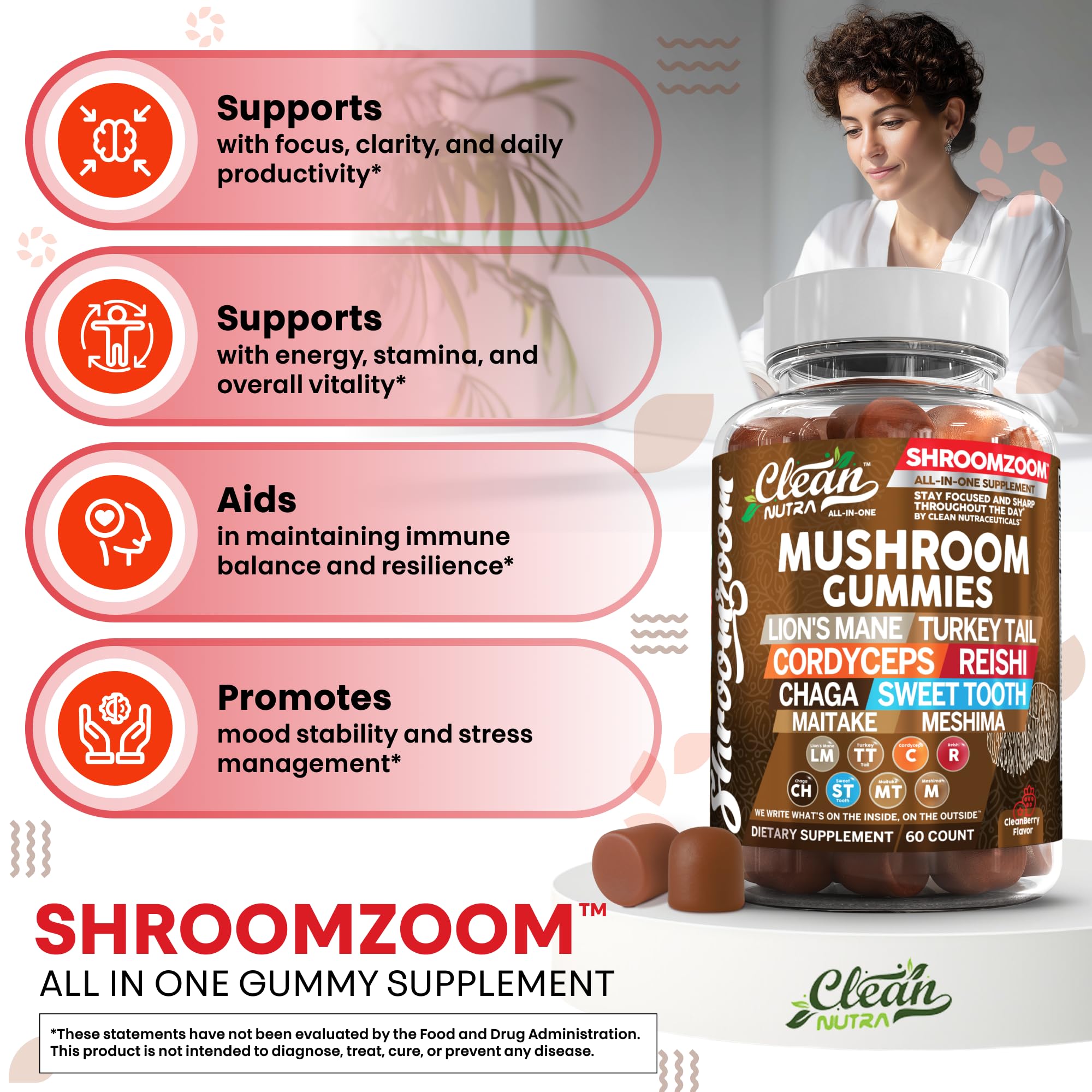 Clean Nutraceuticals Shiitake gummies with natural flavor and skin hydration support.
