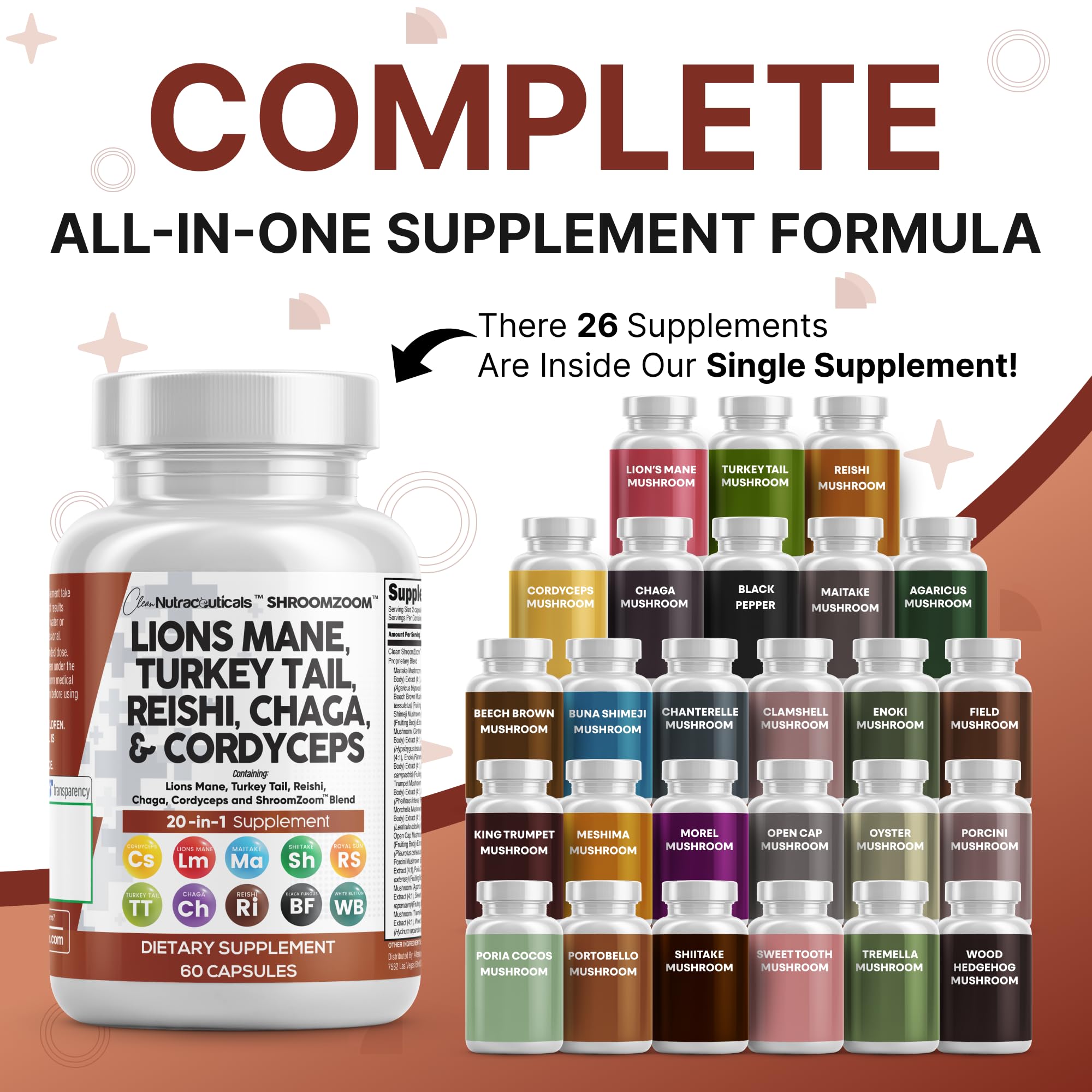 Clean Nutraceuticals ShroomZoom blend bottle label highlighting the 20in1 formula.