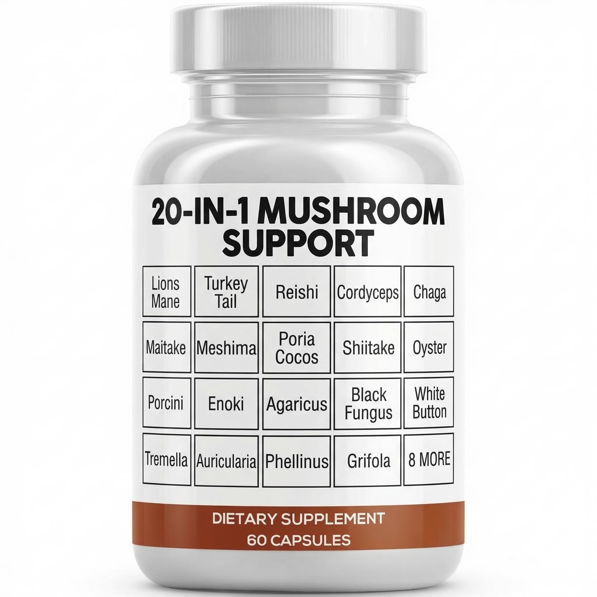 Label detail emphasizes the 20-in-1 mushroom blend