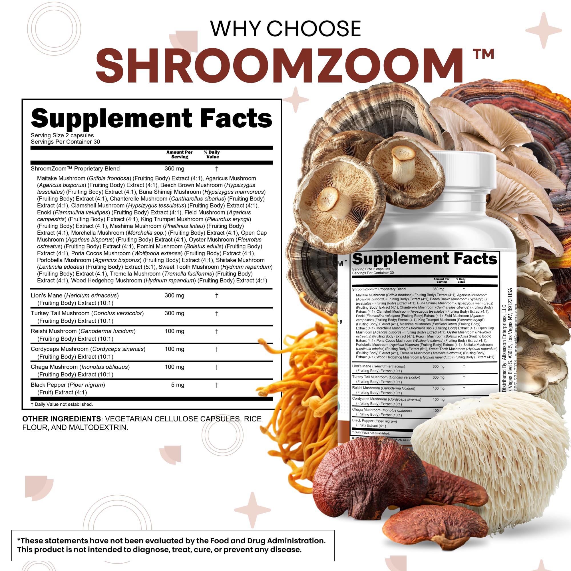 Mushroom powder jar reveals diverse ingredients like reishi and chaga
