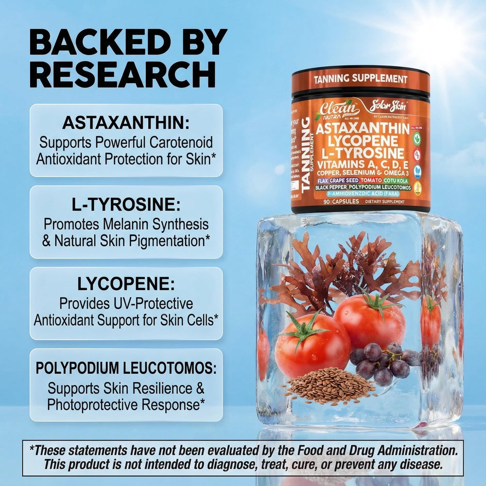 Close-up of Solar Skin capsules showing astaxanthin and lycopene
