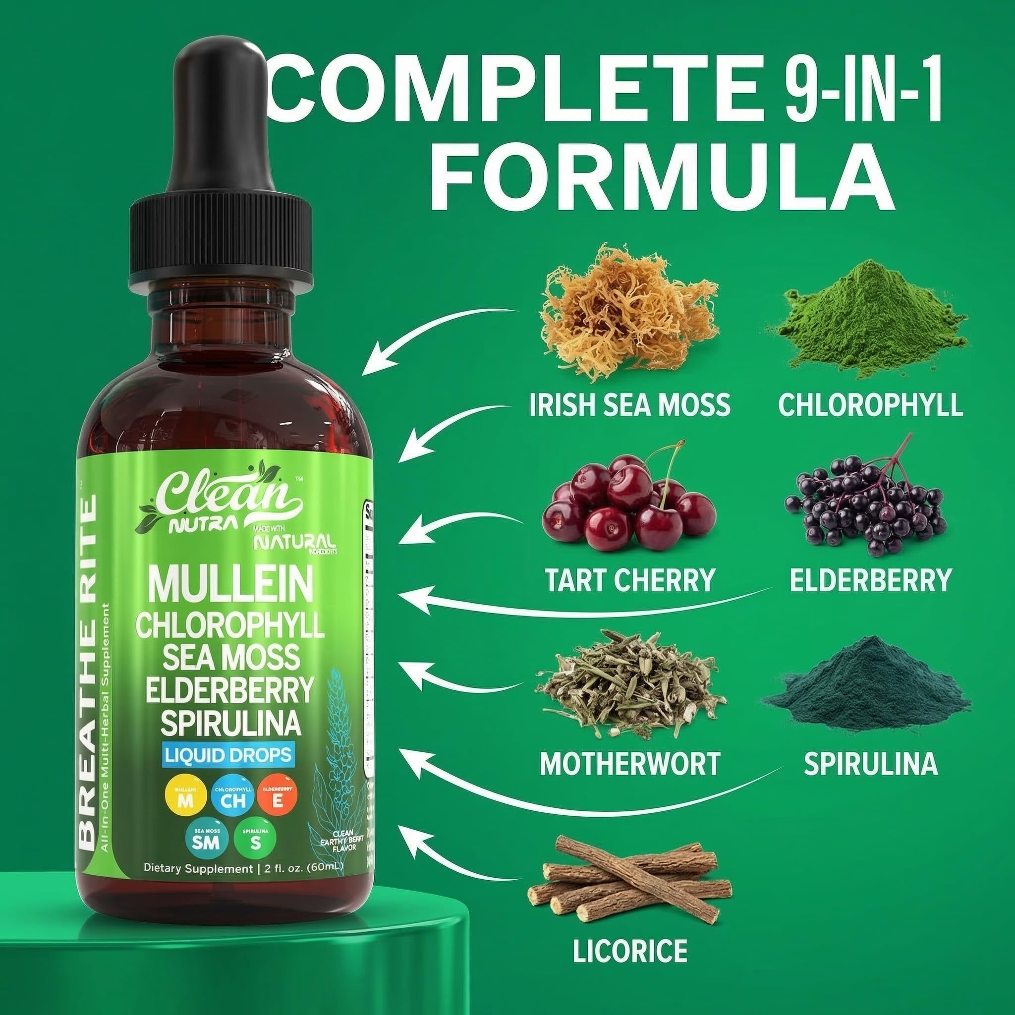 Clean Nutraceuticals Mullein Drops with spirulina and chlorella for antioxidant lung detox
