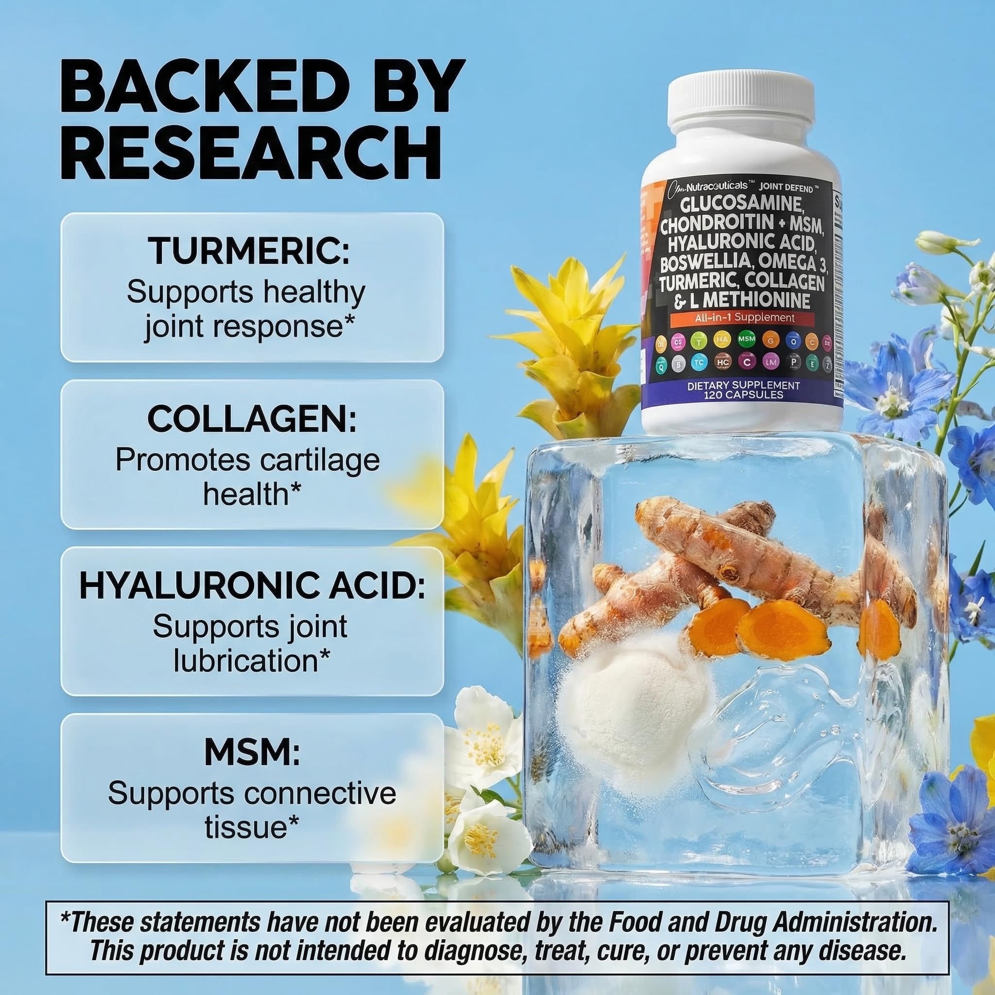 Clean Nutraceuticals turmeric-curcumin-collagen-hyaluronic acid blend visual for hydration and mobility