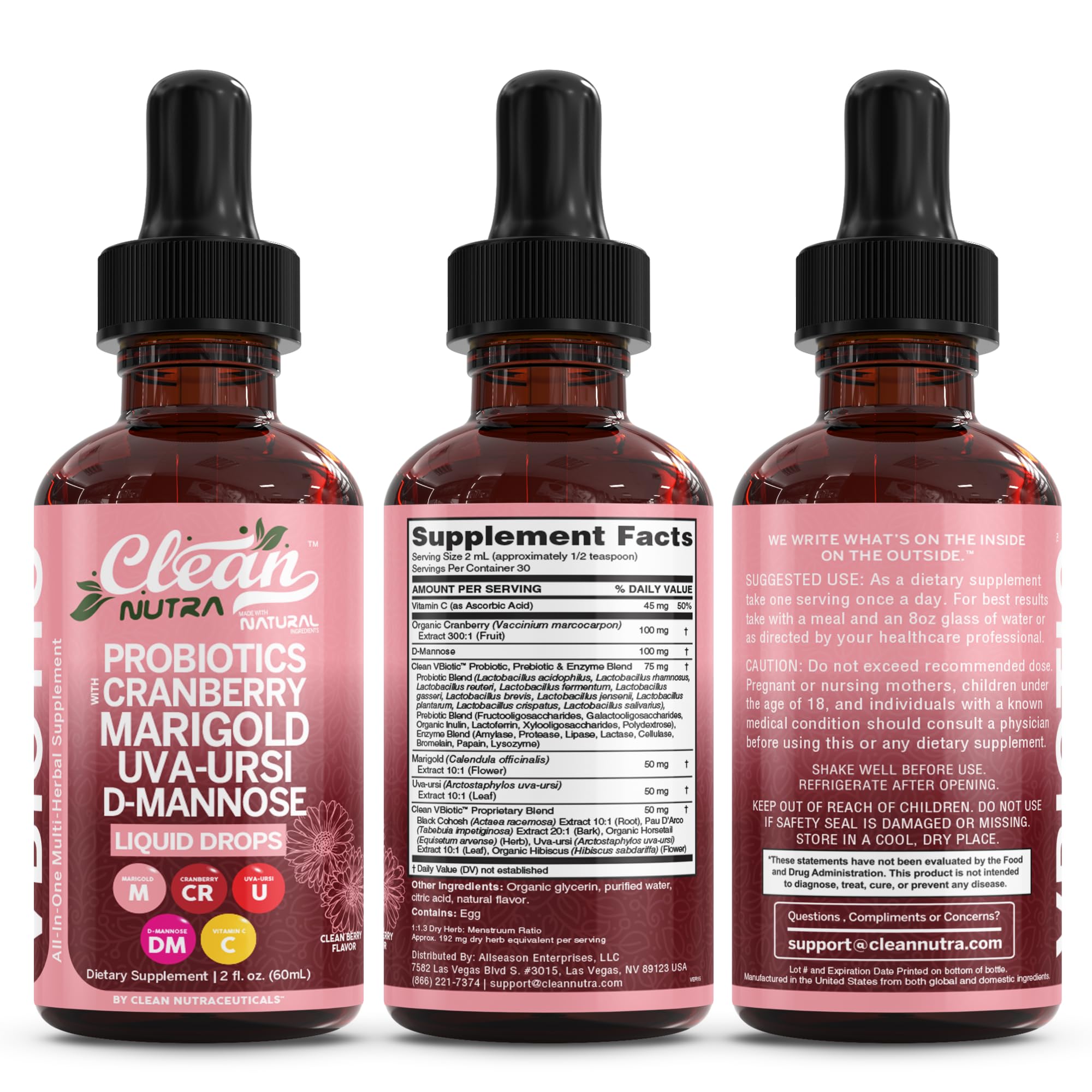 Usage-friendly routine shot with Clean Nutraceuticals VBiotic liquids for daily care.