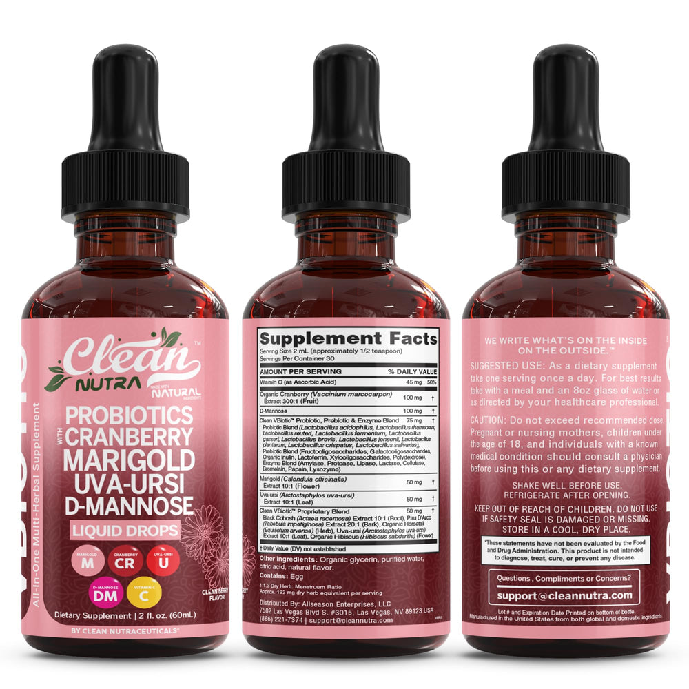 Usage-friendly routine shot with Clean Nutraceuticals VBiotic liquids for daily care.