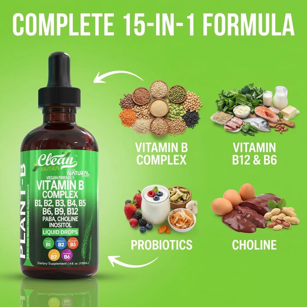 Label detail of B Complex Drops showing vegan and gluten-free features