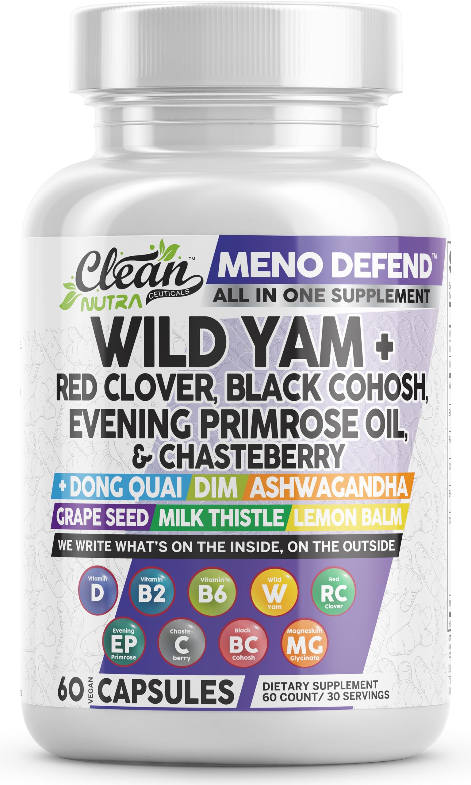 Clean Nutraceuticals wild yam root capsules bottle close-up for menopause support
