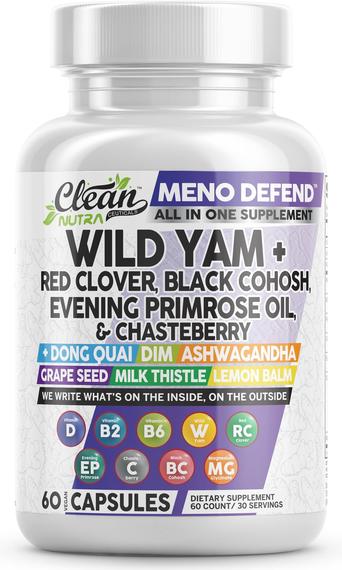 Clean Nutraceuticals wild yam root capsules bottle close-up for menopause support