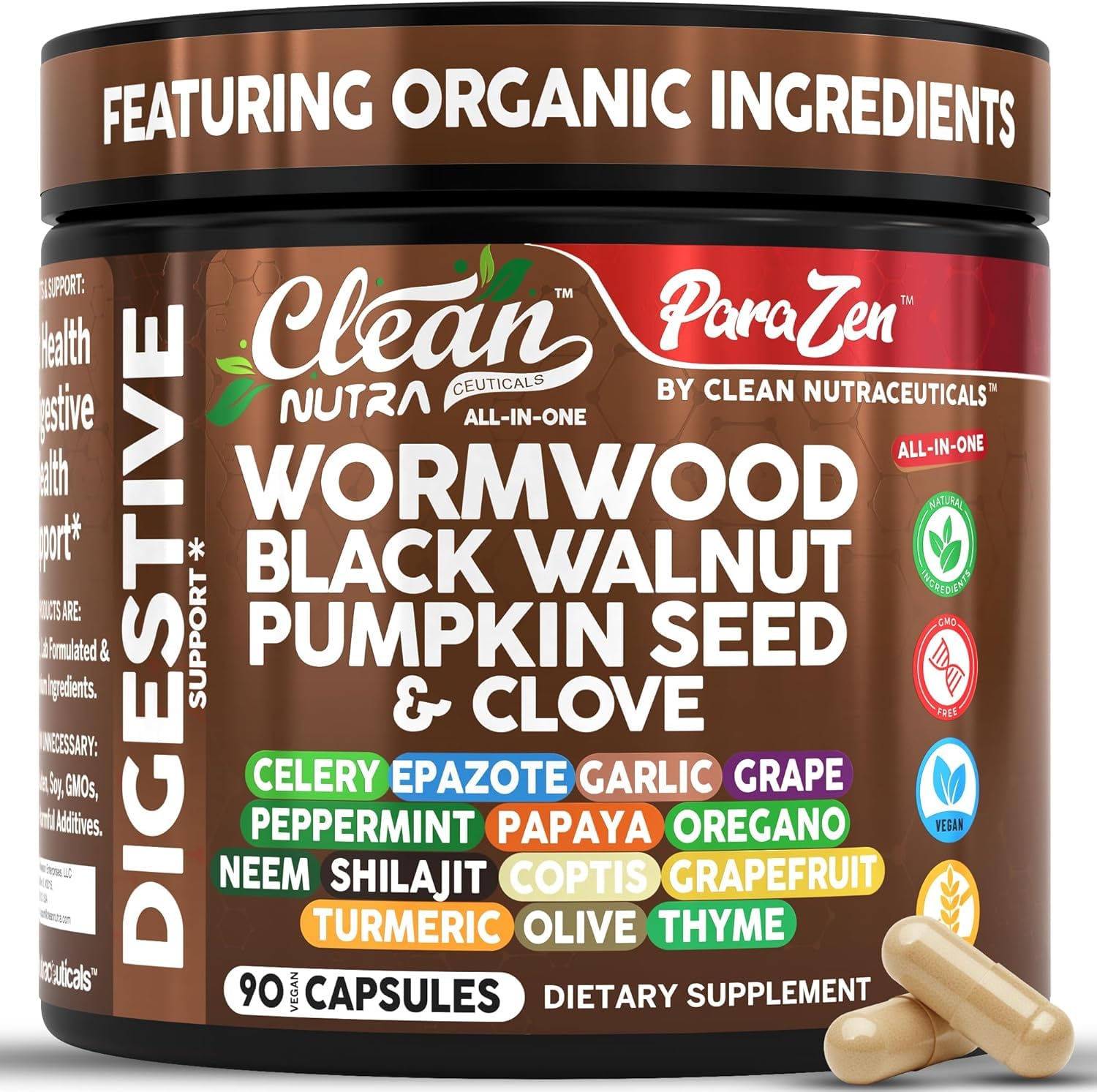 Clean Nutraceuticals wormwood bottle label highlights potent digestive blend.