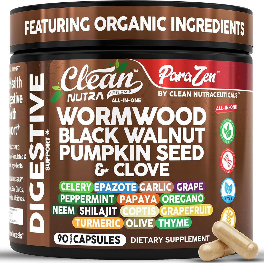Clean Nutraceuticals wormwood bottle label highlights potent digestive blend.