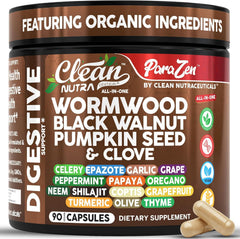 Clean Nutraceuticals wormwood bottle label highlights potent digestive blend.