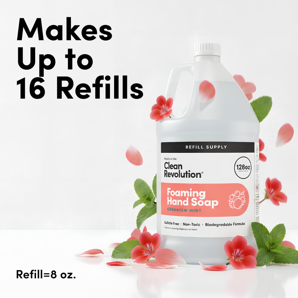 Clean Revolution 128oz refill supply reduces plastic waste.