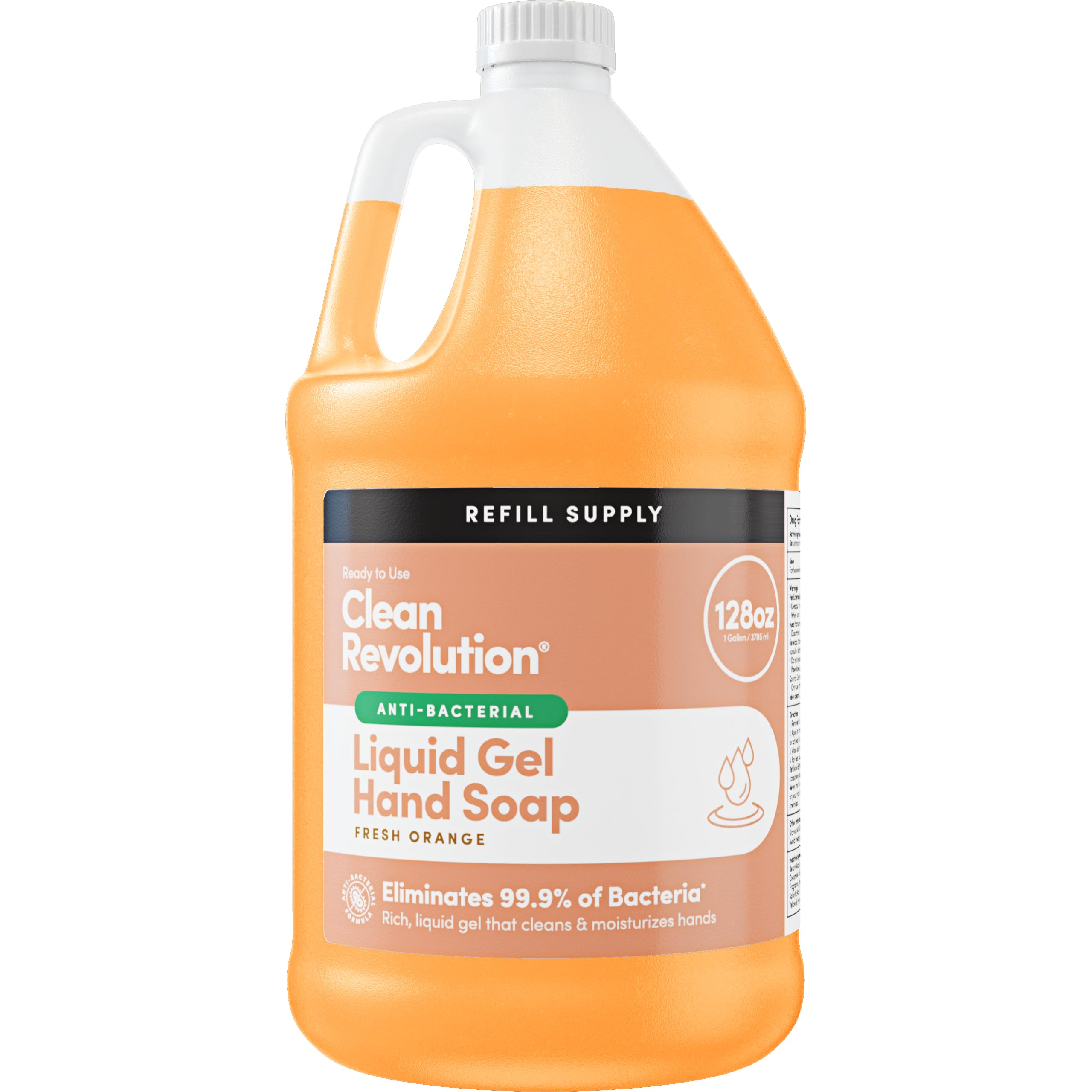 Clean Revolution antibacterial hand soap refill bottle, 128oz, reduces plastic waste.