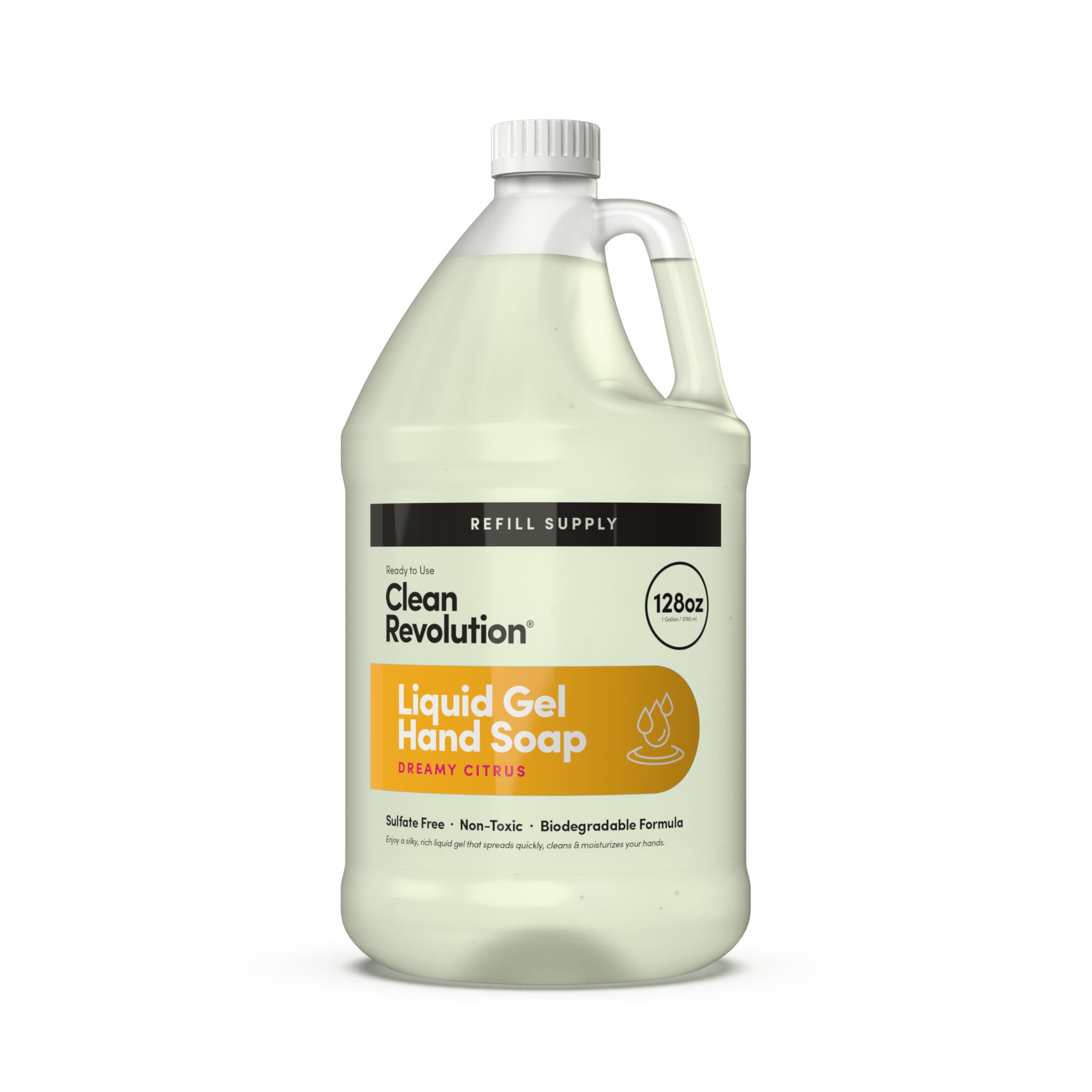 Clean Revolution Dreamy Citrus hand soap bottle shows gentle, moisturizing formula.