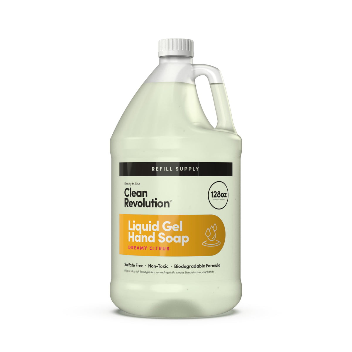 Clean Revolution Dreamy Citrus hand soap bottle shows gentle, moisturizing formula.