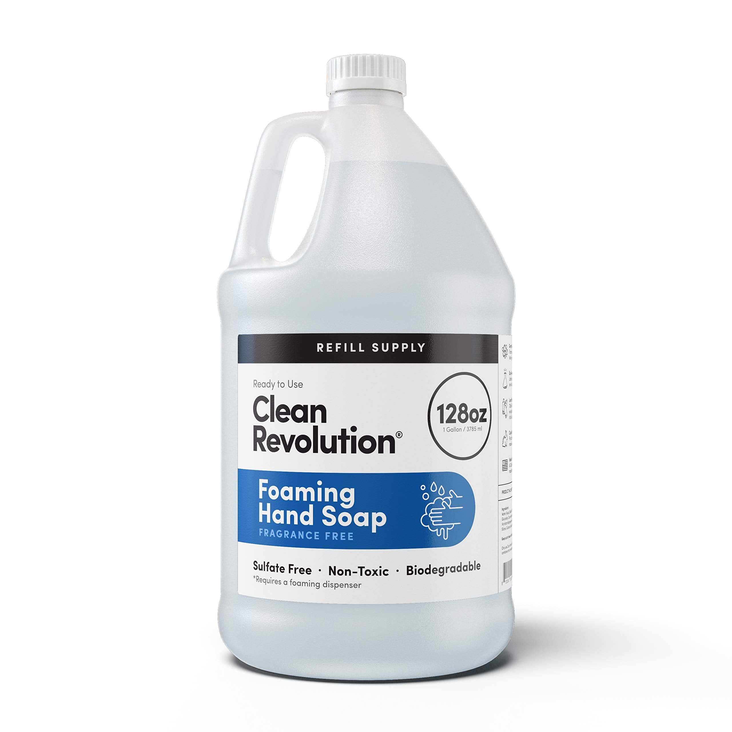 Clean Revolution foaming hand soap refill bottle on shelf, ready for eco-friendly refills.