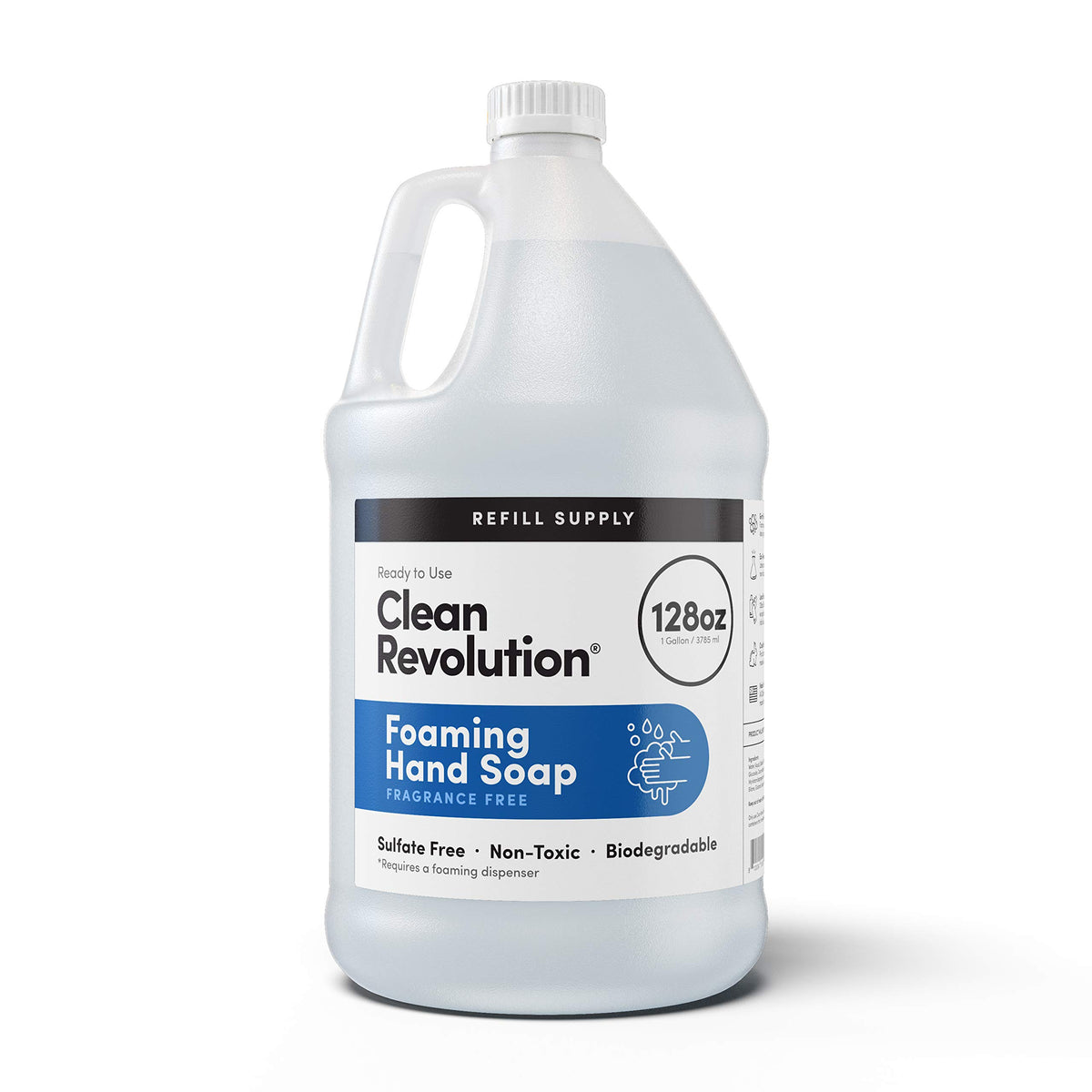 Clean Revolution foaming hand soap refill bottle on shelf, ready for eco-friendly refills.