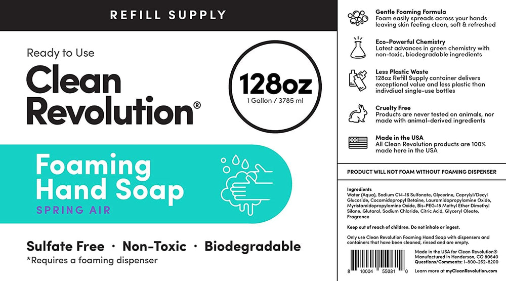 Clean Revolution Foaming Hand Soap Refill Spring Air 128 oz size on label.