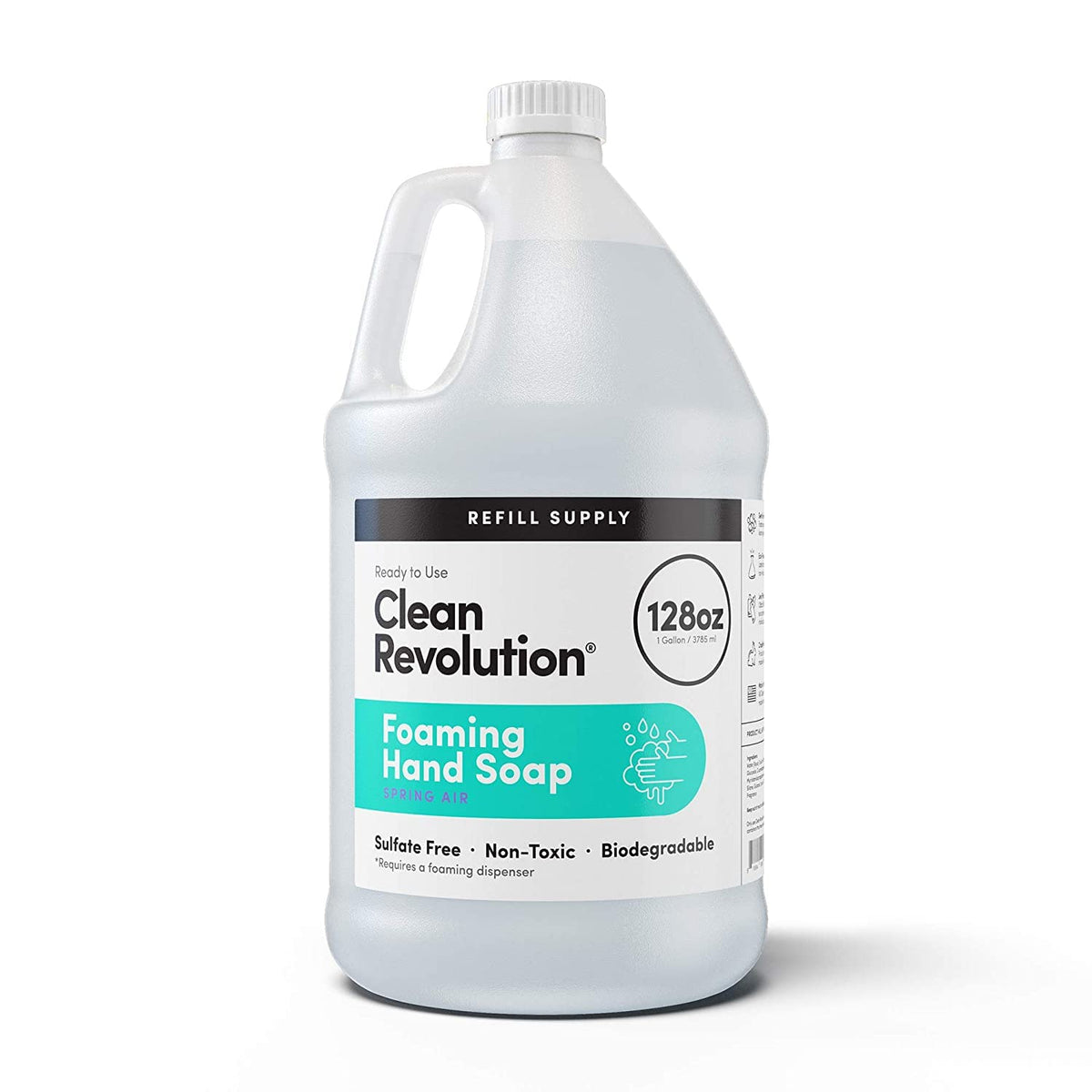 Clean Revolution Foaming Hand Soap Refill Spring Air front label shows gluten-free formula.