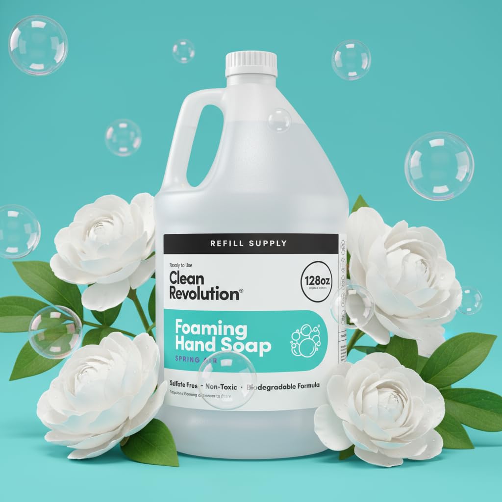 Clean Revolution Foaming Hand Soap Refill Spring Air pouring into a dispenser at sink.