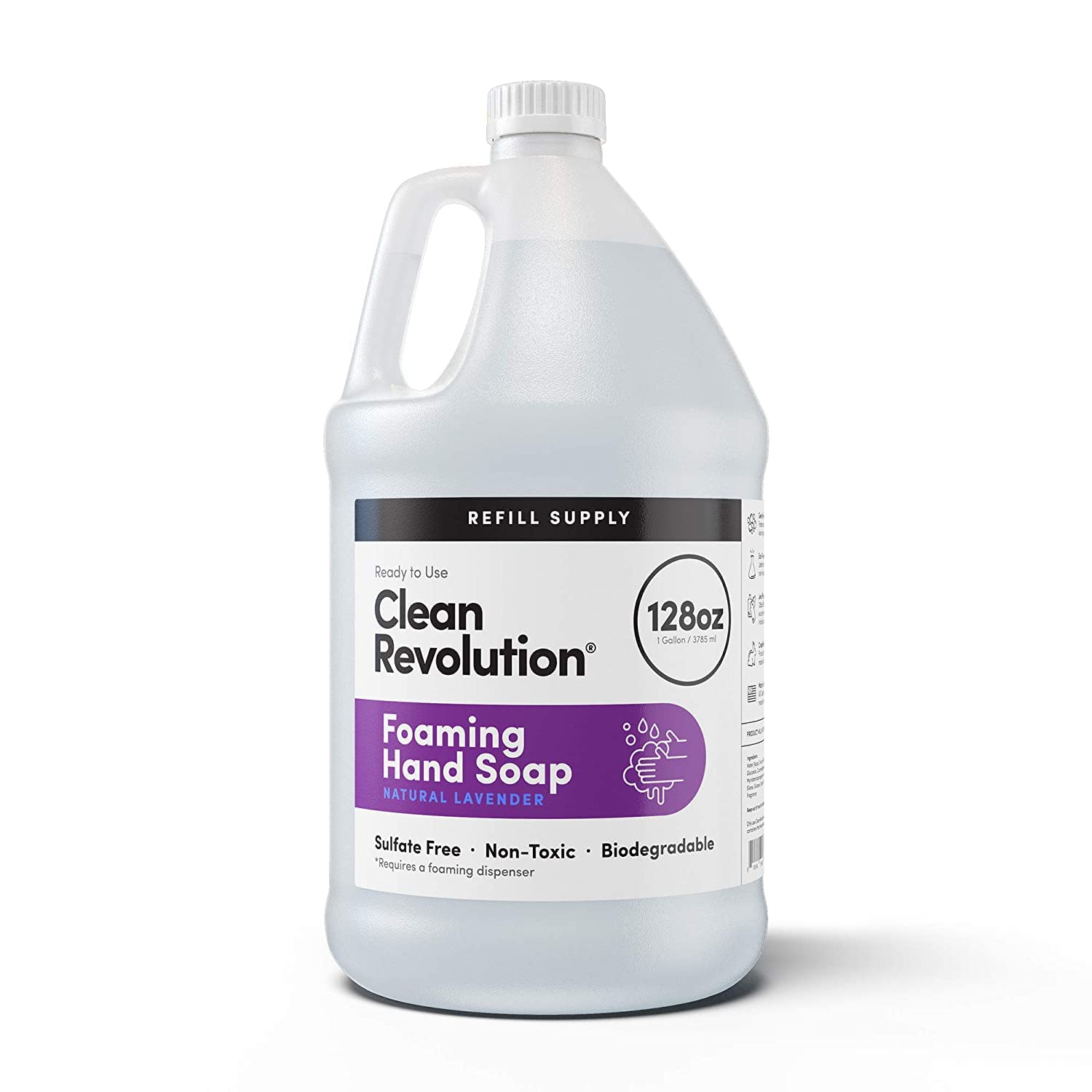 Clean Revolution lavender foam bottle with rich moisturizing foam for daily handwashing.