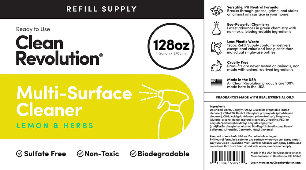Clean Revolution lemon-herbs scent highlights fresh fragrance during cleaning.