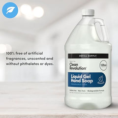 Clean Revolution liquid gel hand soap bottle closeup highlights fragrance-free formula