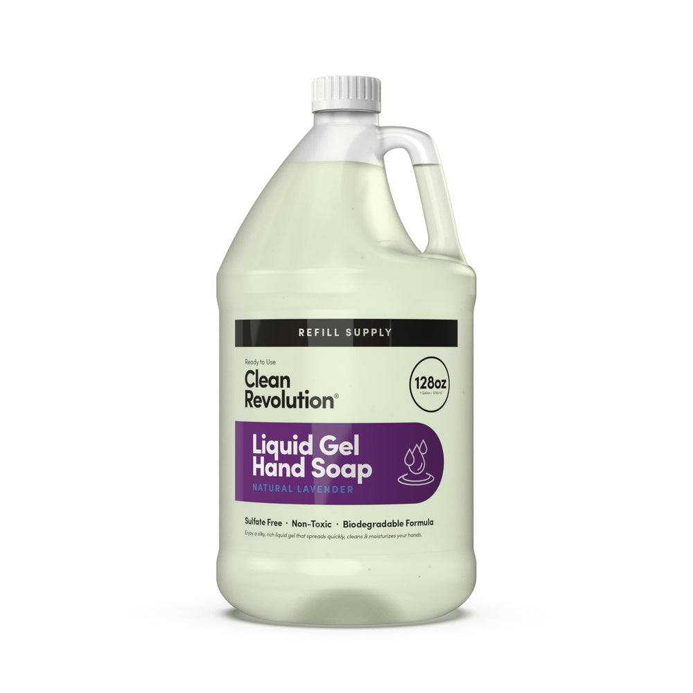 Clean Revolution lavender hand soap bottle pour with easy dispensing