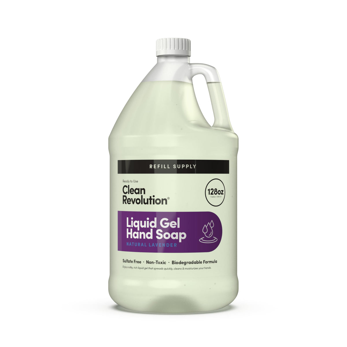 Clean Revolution lavender hand soap bottle pour with easy dispensing