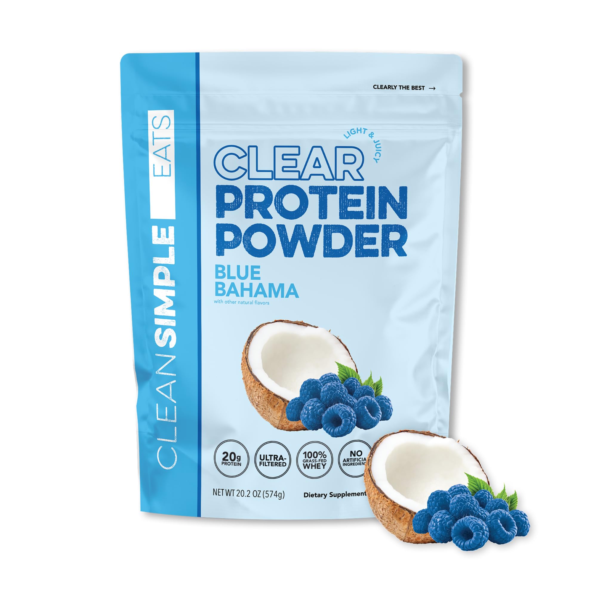Clean Simple Eats Clear Protein Blue Bahama bottle pour, refreshing post-workout protein